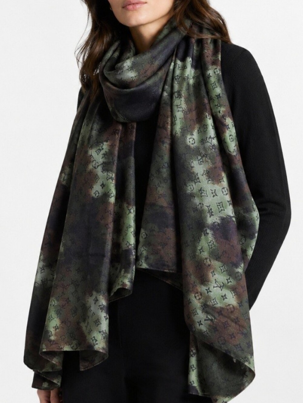 Louis Vuitton Green Camouflage Monogram Oversized Silk/Wool Ikat Shawl Scarf